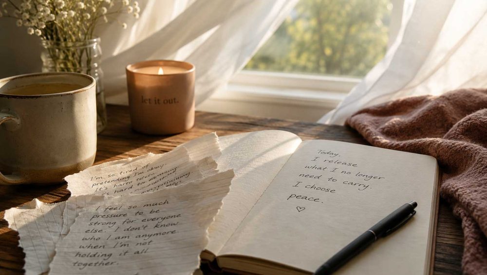 Open journal with torn handwritten pages beside a candle and tea in soft morning light
