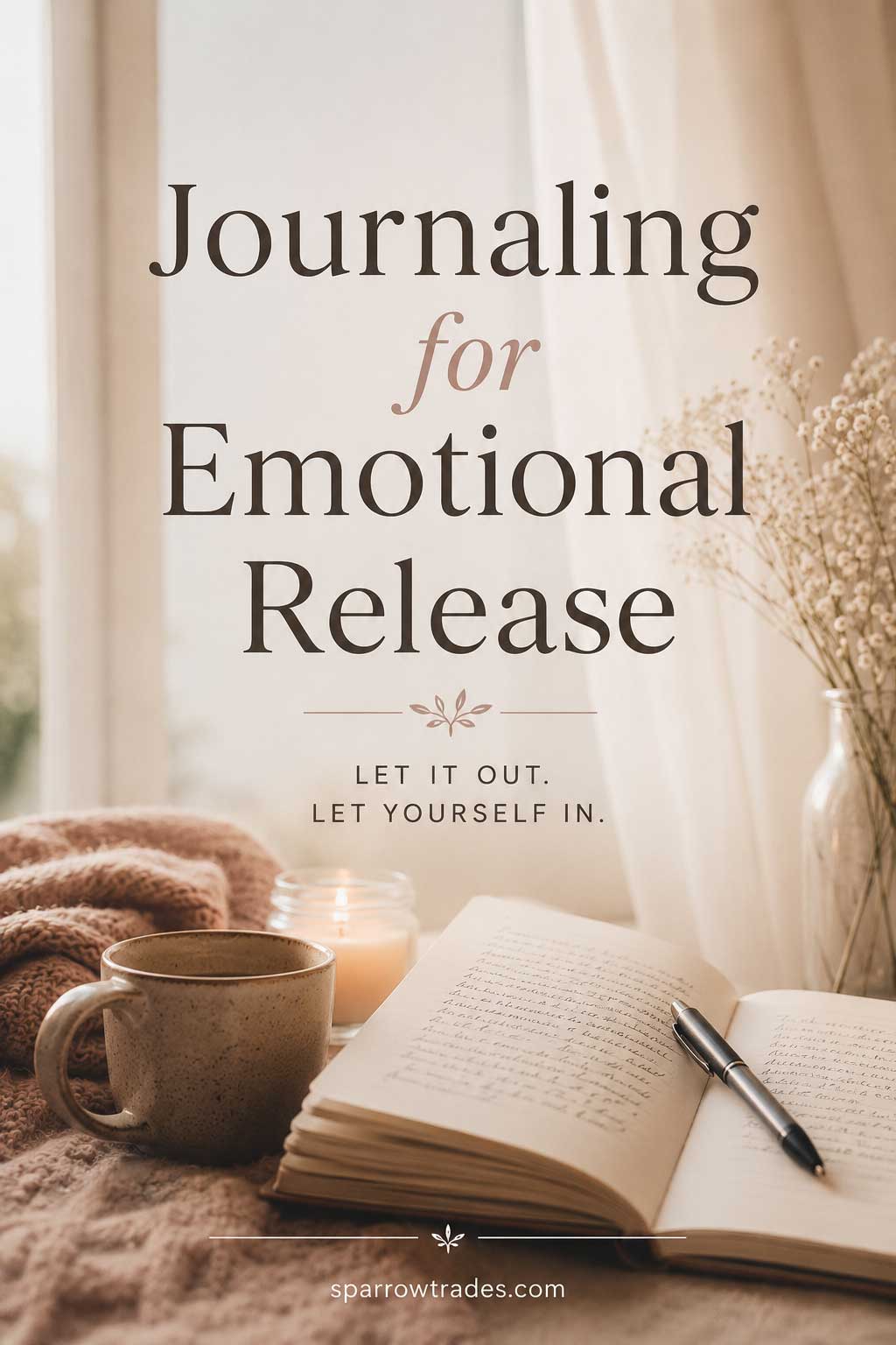 Pinterest graphic for journaling for emotional release with an open journal, candle, and tea in soft neutral tones