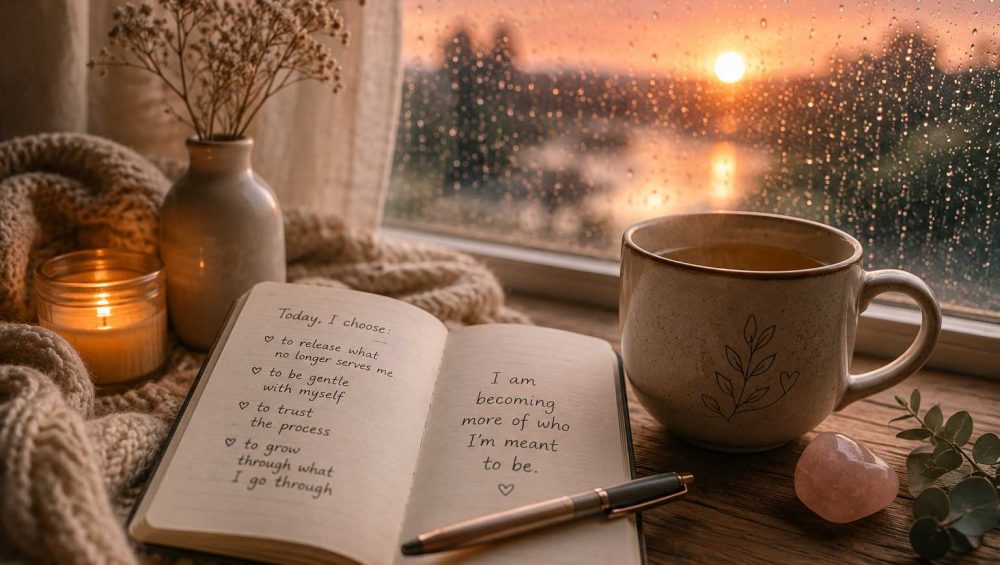Open journal beside a candle and tea near a rain-covered window during sunrise