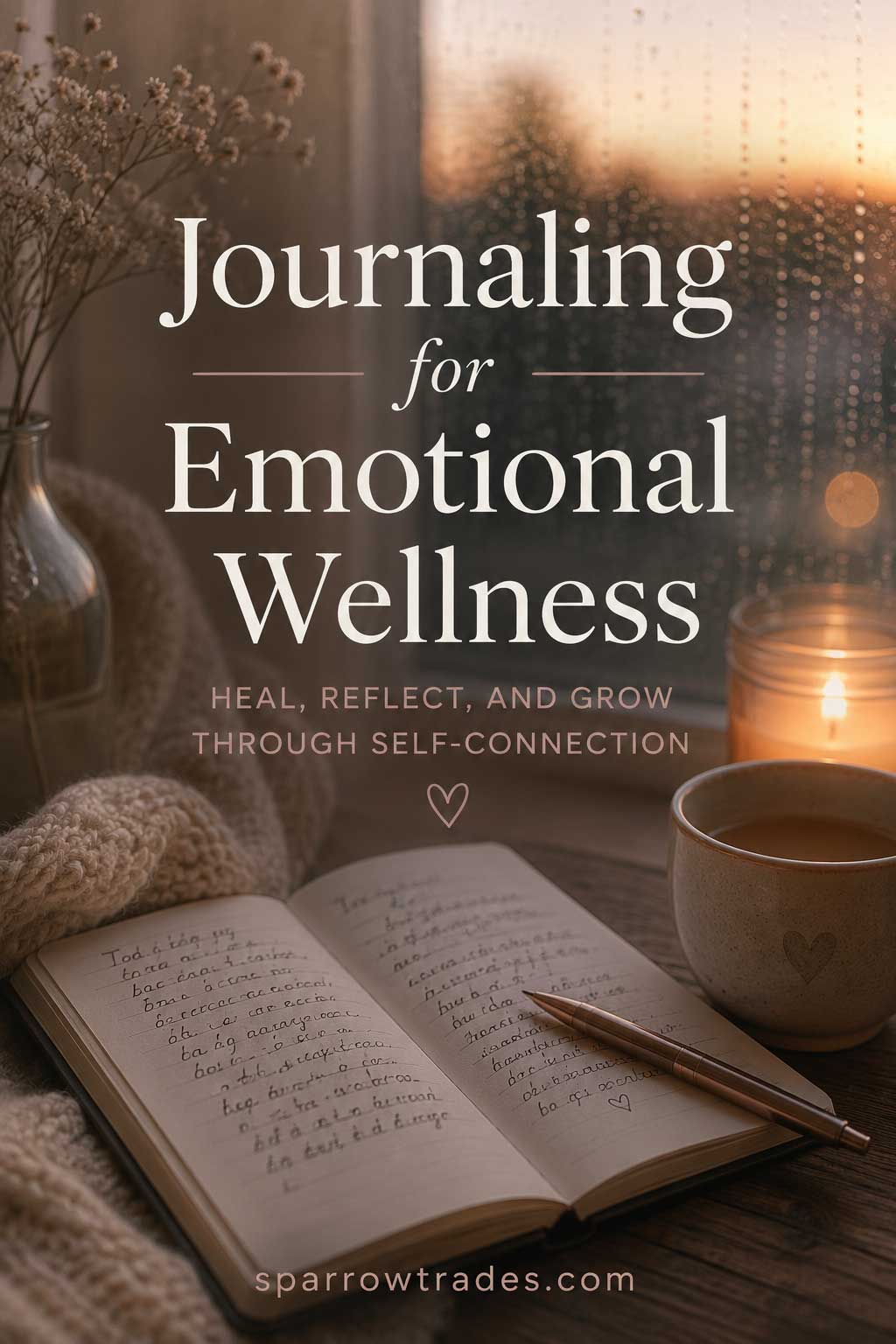 Pinterest graphic featuring a journal, candle, and tea beside a rain-covered window with text about journaling for emotional wellness