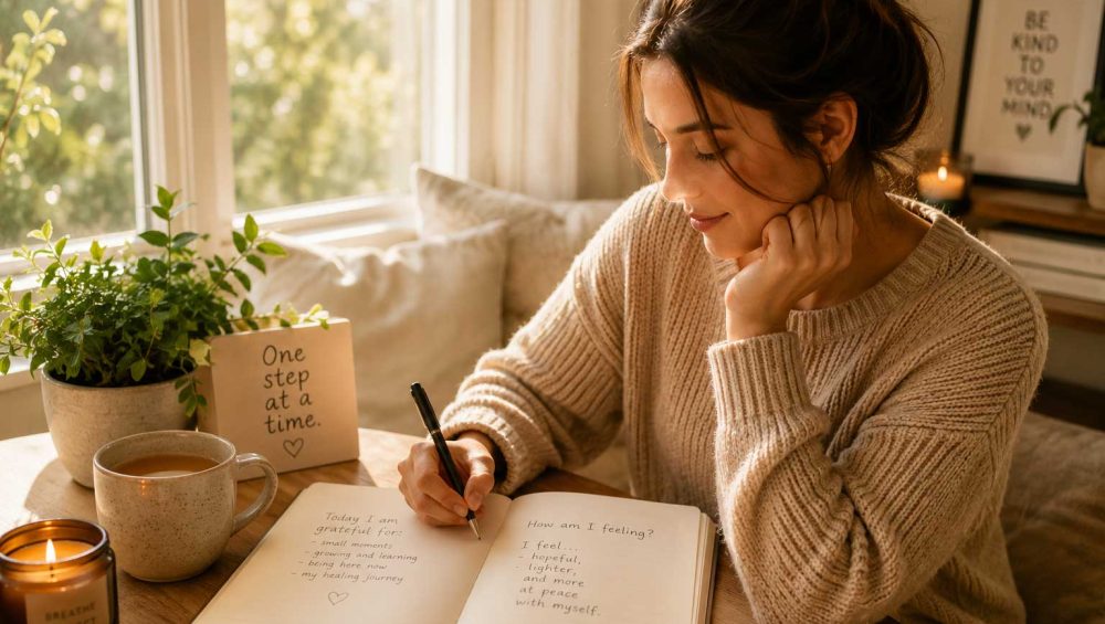 Person writing in a journal by a window during a quiet moment of reflection for mental health and emotional well-being.
