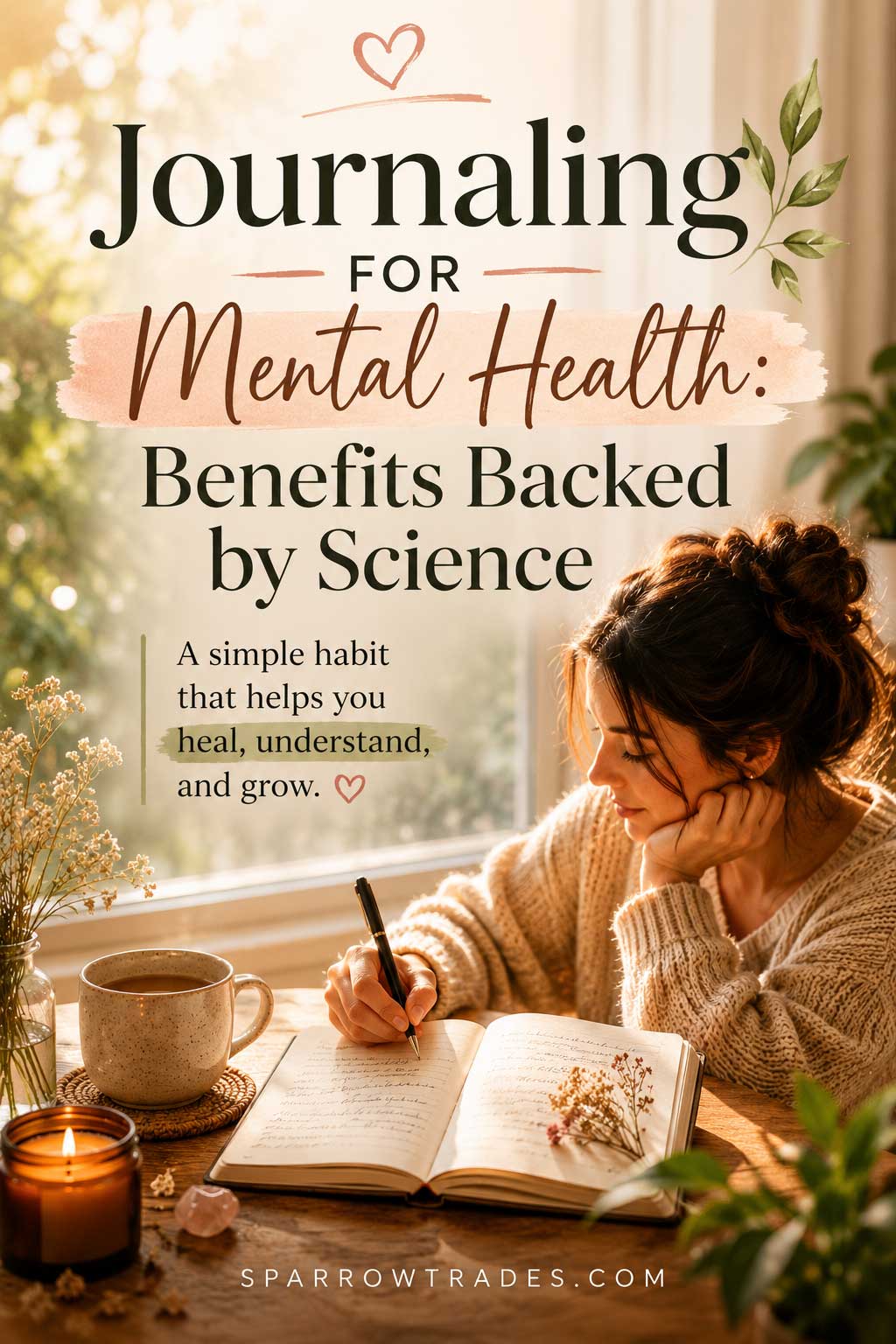 Person writing in a journal by a sunlit window during a quiet moment of reflection and emotional well-being.