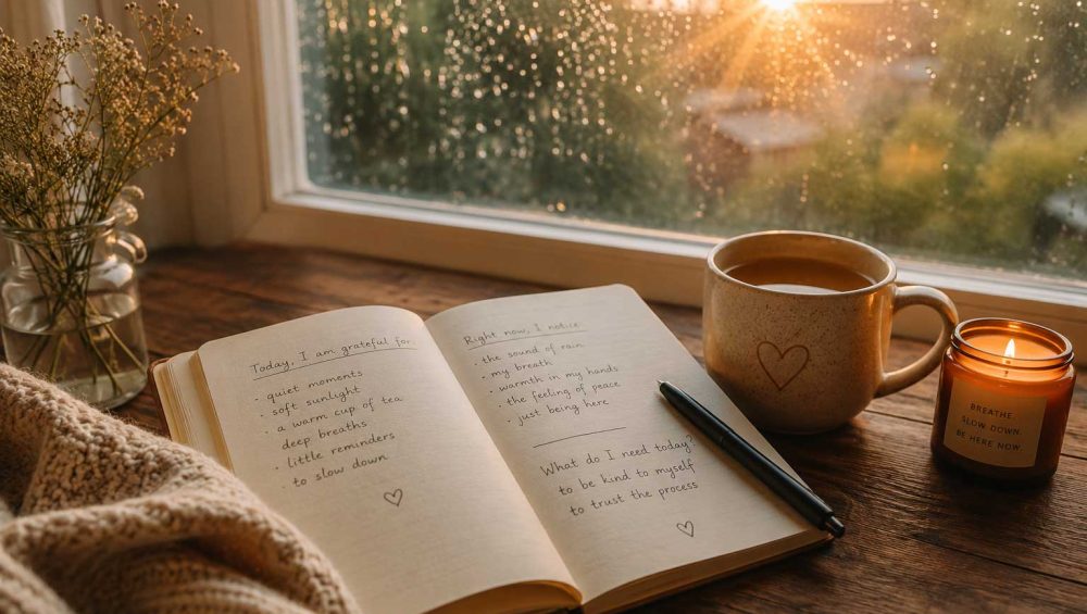 Open journal on a wooden table beside a cup of tea near a rain-speckled window with warm morning light.
