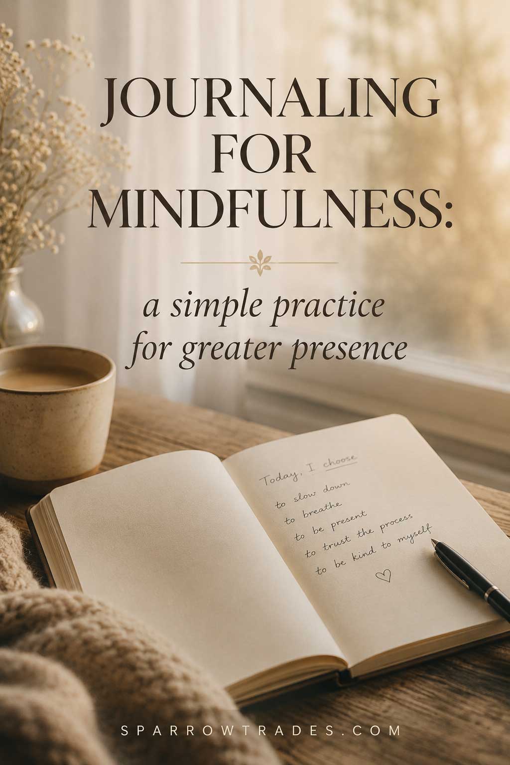 Pinterest graphic showing an open journal on a wooden table beside a cup of tea with the text “Journaling for Mindfulness: A Simple Practice for Greater Presence.”
