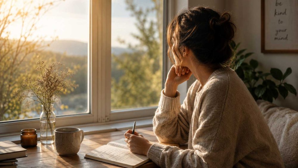 Person sitting by a window journaling while reflecting quietly in natural morning light
