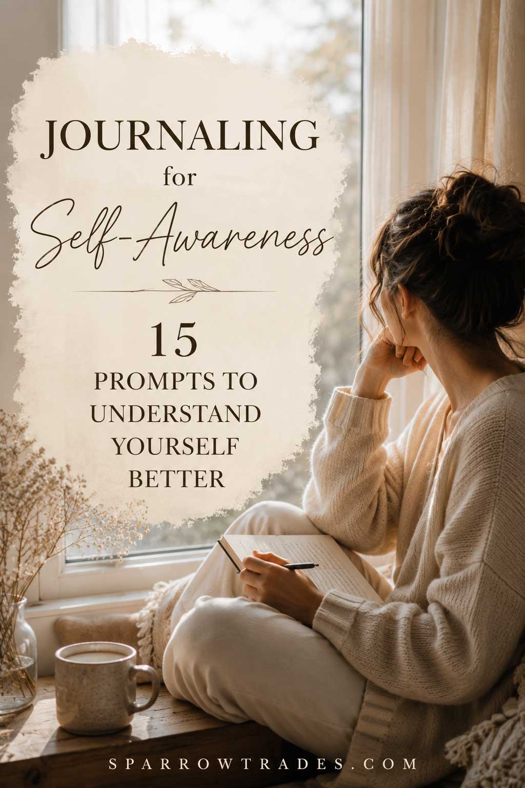 Person sitting by a window with an open journal, reflecting quietly in soft natural morning light