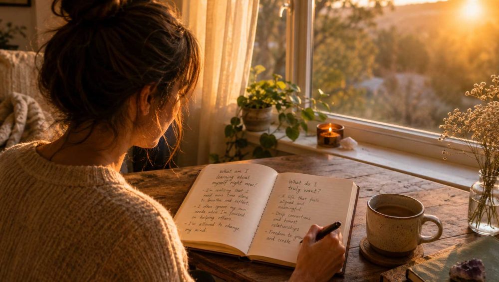 Person journaling by a sunlit window during a quiet moment of self-discovery and reflection.