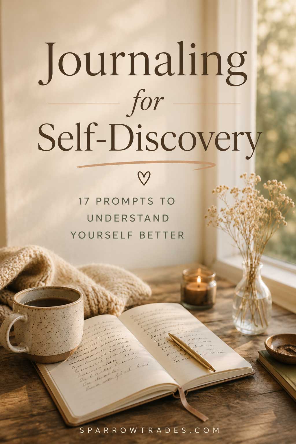 Pinterest graphic for journaling for self-discovery featuring an open journal, coffee mug, flowers, and soft morning light by a window.