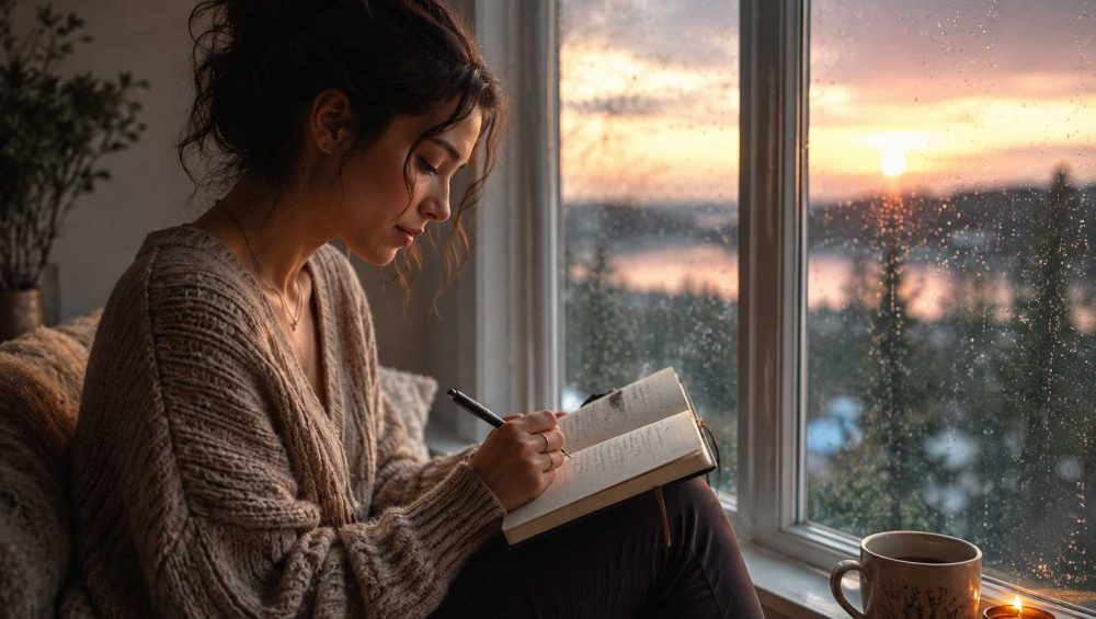 A person writing in a journal beside a rain-speckled window during a quiet moment of reflection.