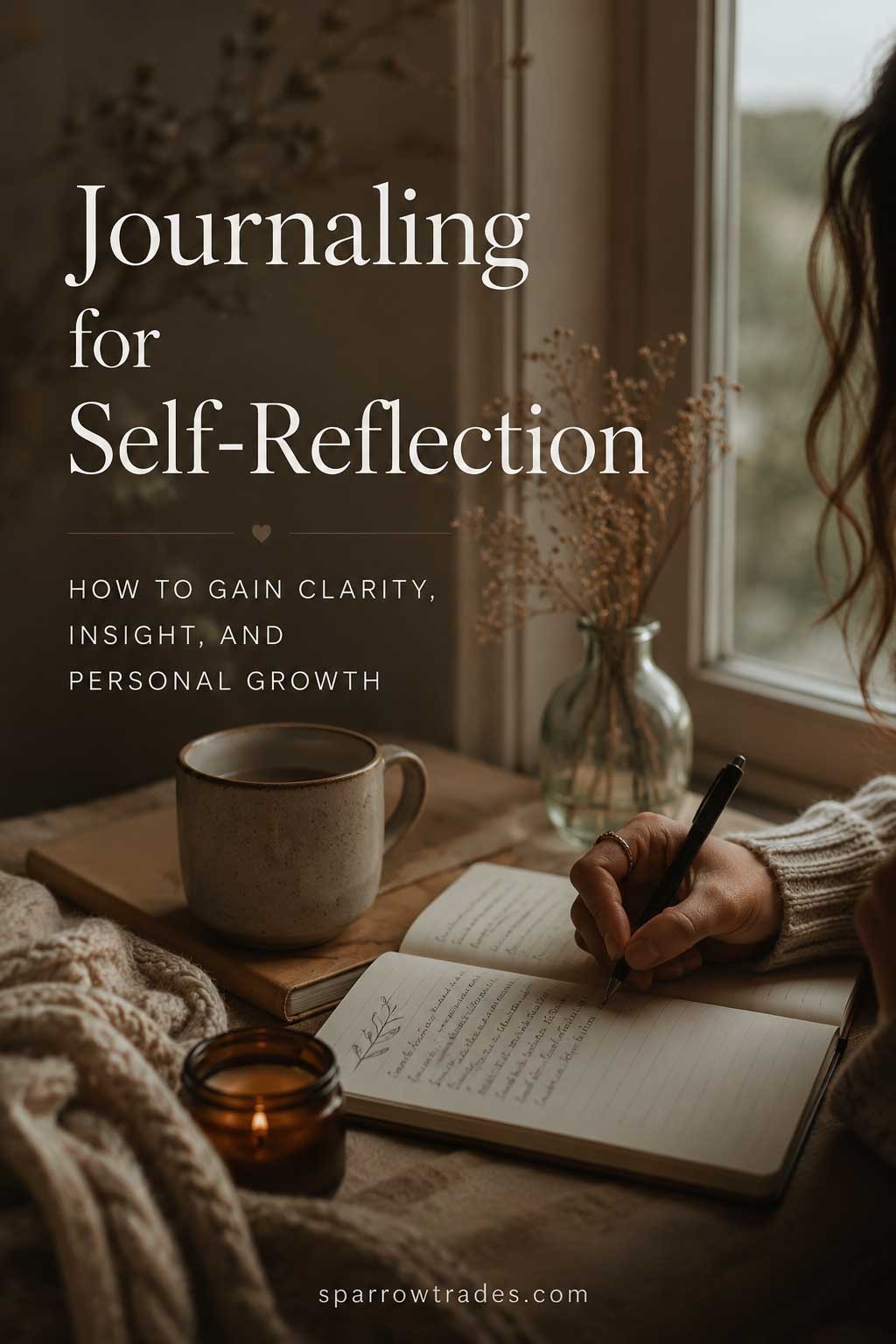 Person writing in a journal beside a window in soft natural light during a quiet moment of reflection.