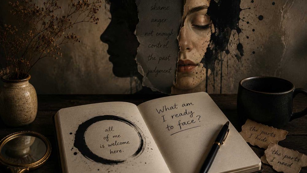 Open journal beside symbolic shadow imagery representing emotional reflection and hidden inner emotions