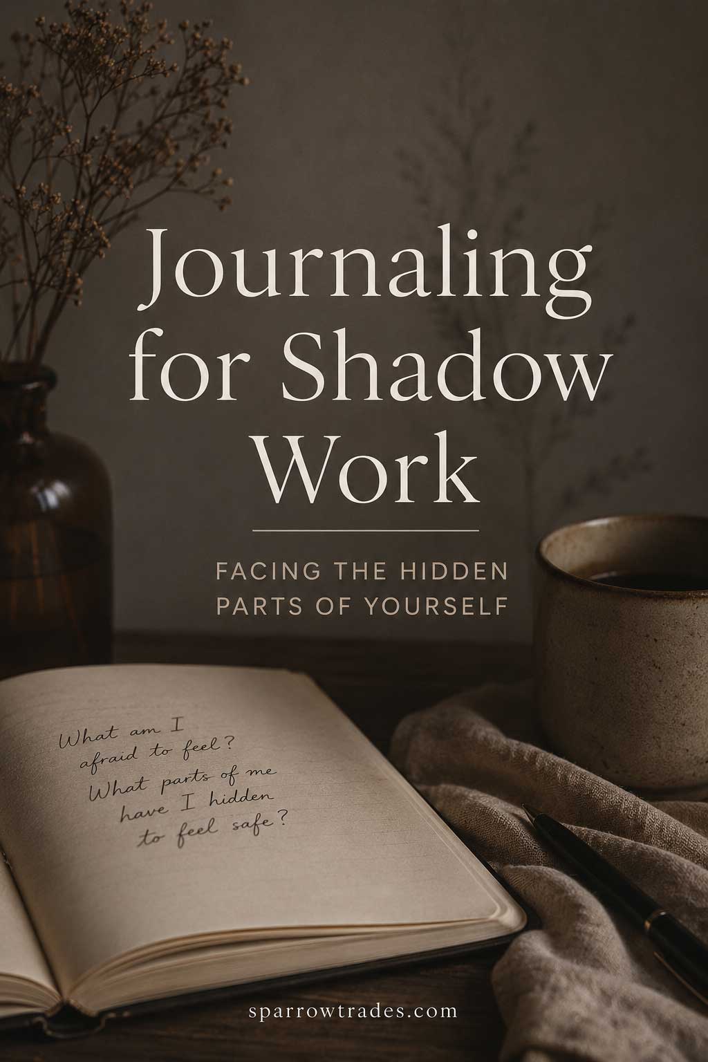 Open journal with reflective shadow work prompts beside a ceramic mug in a soft moody setting