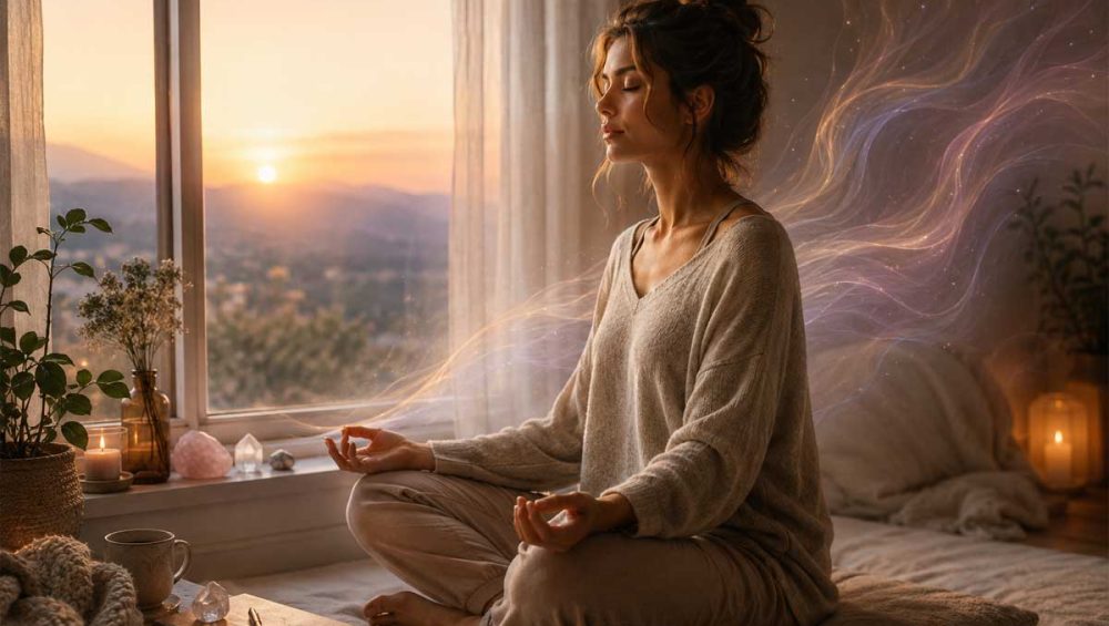 A woman meditating peacefully near a window with soft glowing light and calming energy textures around her