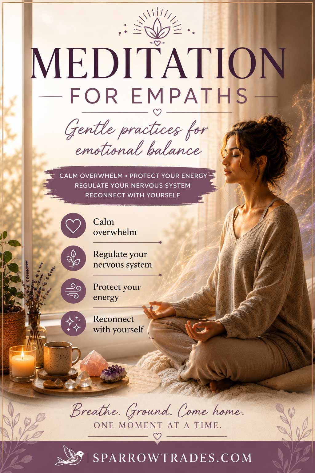 Pinterest-style graphic featuring a woman meditating peacefully in a softly lit room with calming wellness text and the SparrowTrades.com domain at the bottom