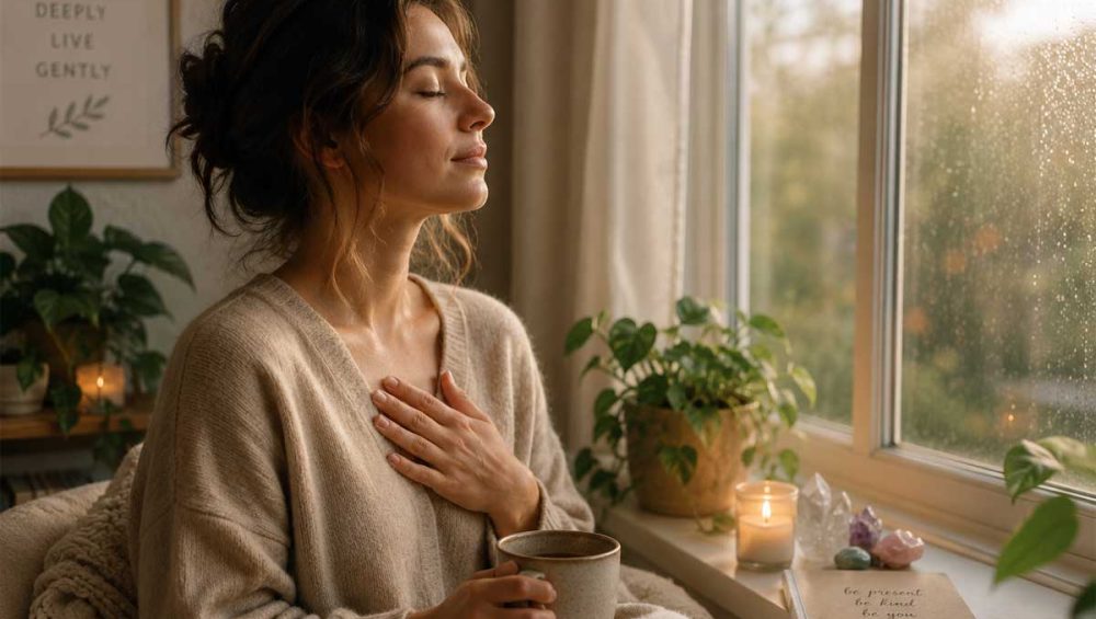 Person sitting peacefully by a window practicing quiet mindfulness and emotional grounding