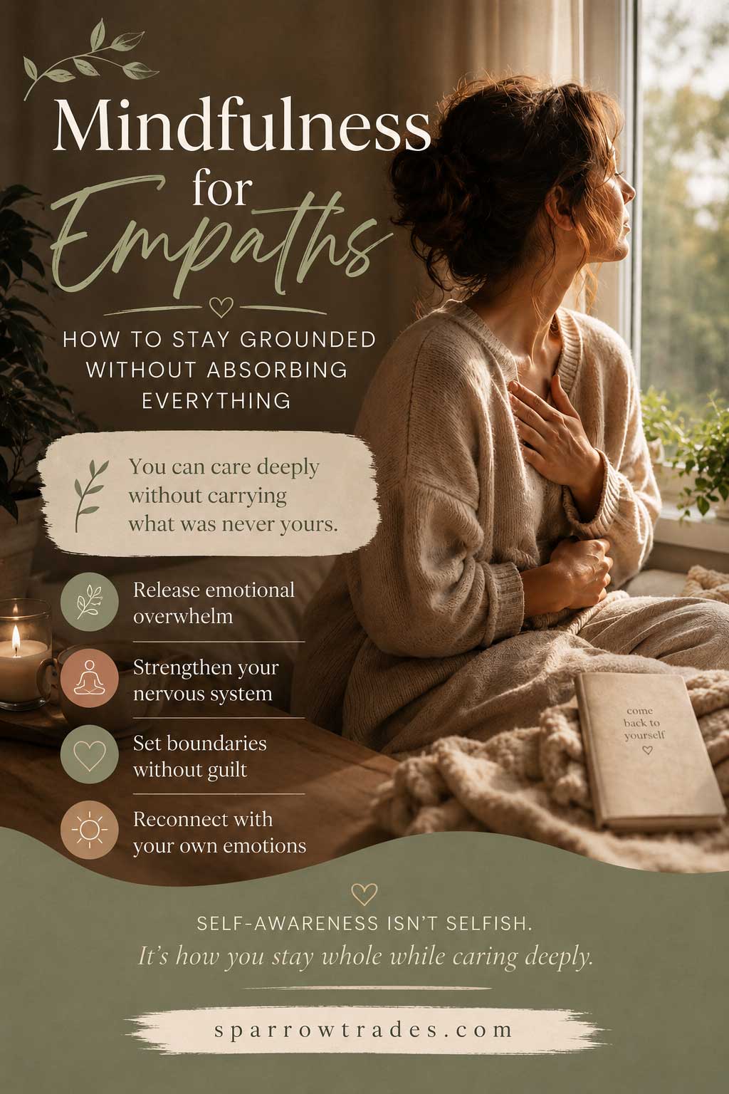 Pinterest-style wellness graphic showing a woman practicing mindfulness near a window with calming text for empaths