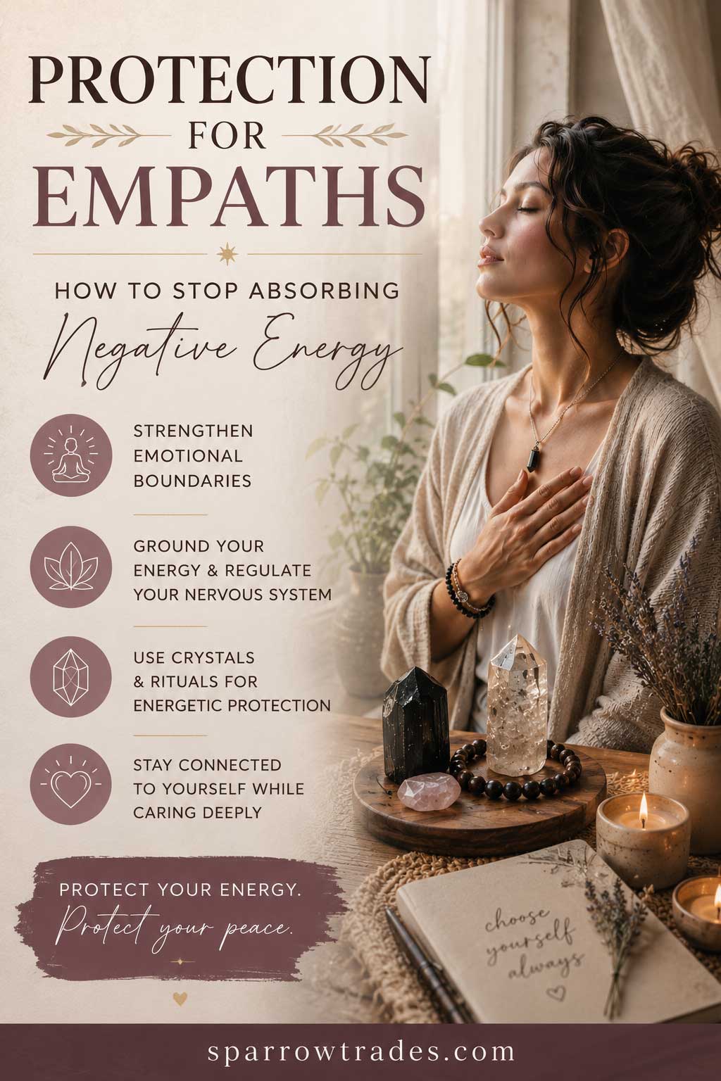 Pinterest graphic for protection for empaths featuring a calm woman with crystals, grounding imagery, and emotional wellness messaging.