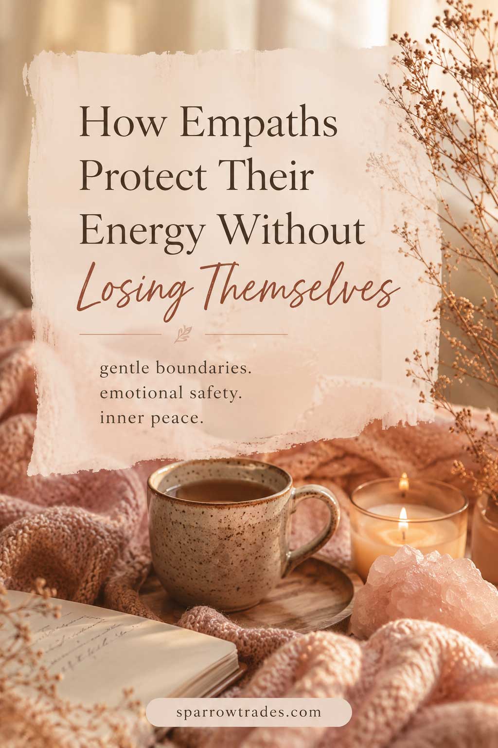 A soft editorial-style Pinterest image featuring calming candles, crystals, warm textures, and text about protecting empath energy.