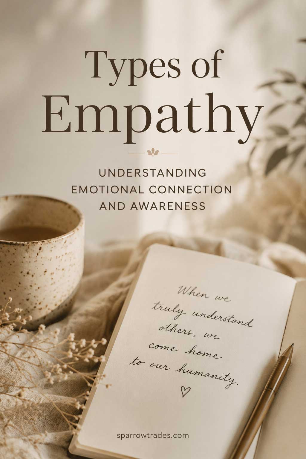 Soft editorial-style Pinterest graphic featuring the words “Types of Empathy” with a journal, coffee cup, and calming neutral tones.