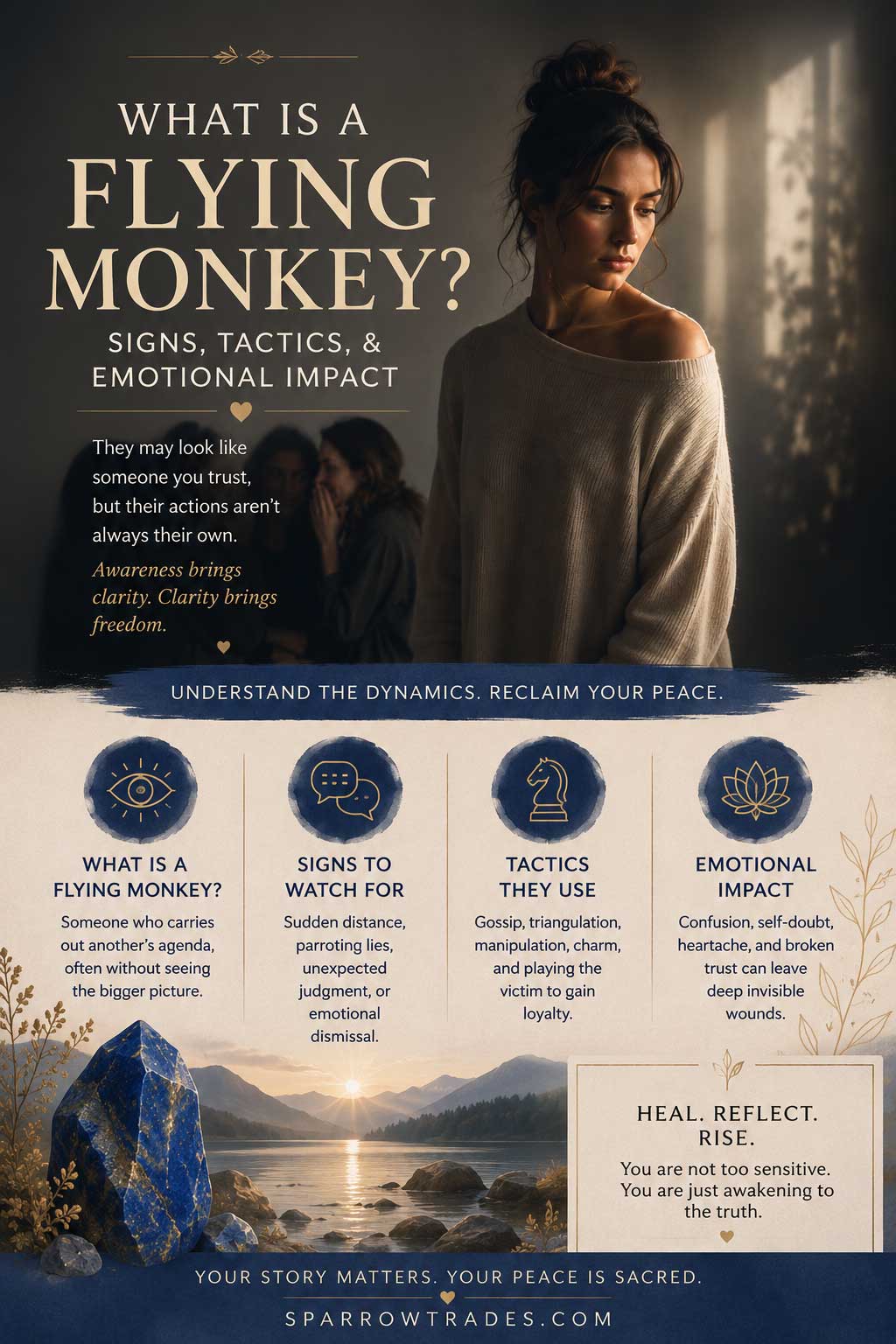 Infographic about flying monkeys in narcissistic relationships featuring a woman in soft lighting with whispering figures in the background and educational sections about signs, tactics, and emotional impact.