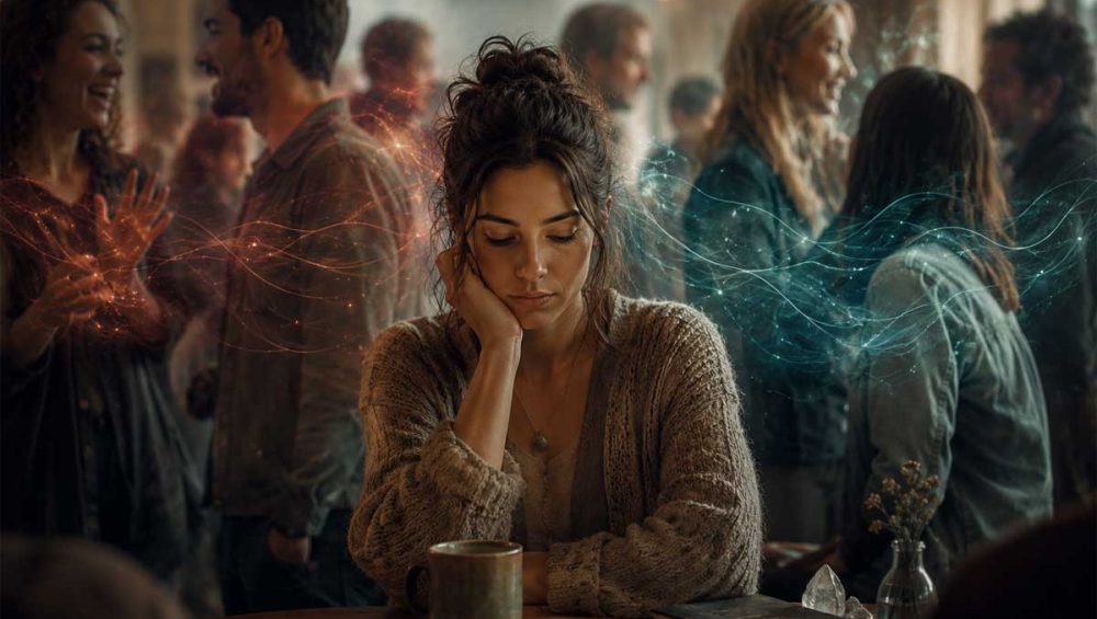A reflective woman sitting quietly in a crowded café while emotionally absorbing the atmosphere around her.