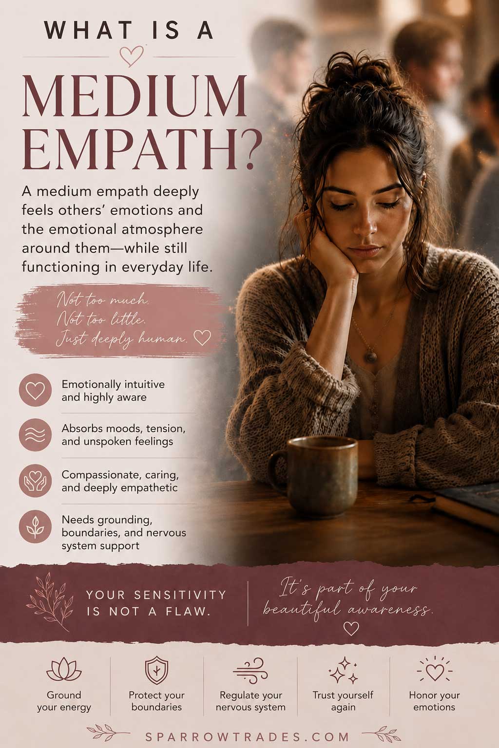 Pinterest infographic explaining the signs and emotional traits of a medium empath with a reflective woman in a café setting.