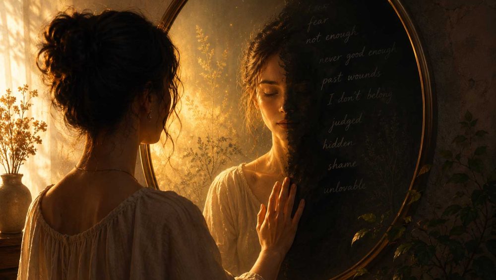 A woman standing in front of a mirror with light and shadow across her reflection, symbolizing emotional self-discovery.