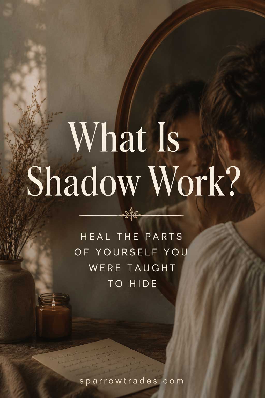 A woman looking at her reflection in a mirror with soft lighting and text about shadow work.