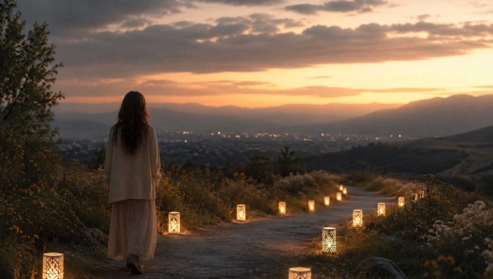 A woman walks along a lantern-lit path at sunset overlooking a valley, creating a reflective atmosphere associated with spiritual guidance and personal insight.