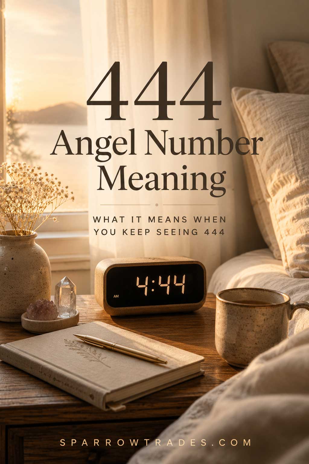 Softly lit bedside table with a digital clock displaying 4:44, a journal, crystals, and a coffee mug beside a bed at sunrise with text about 444 angel number meaning.