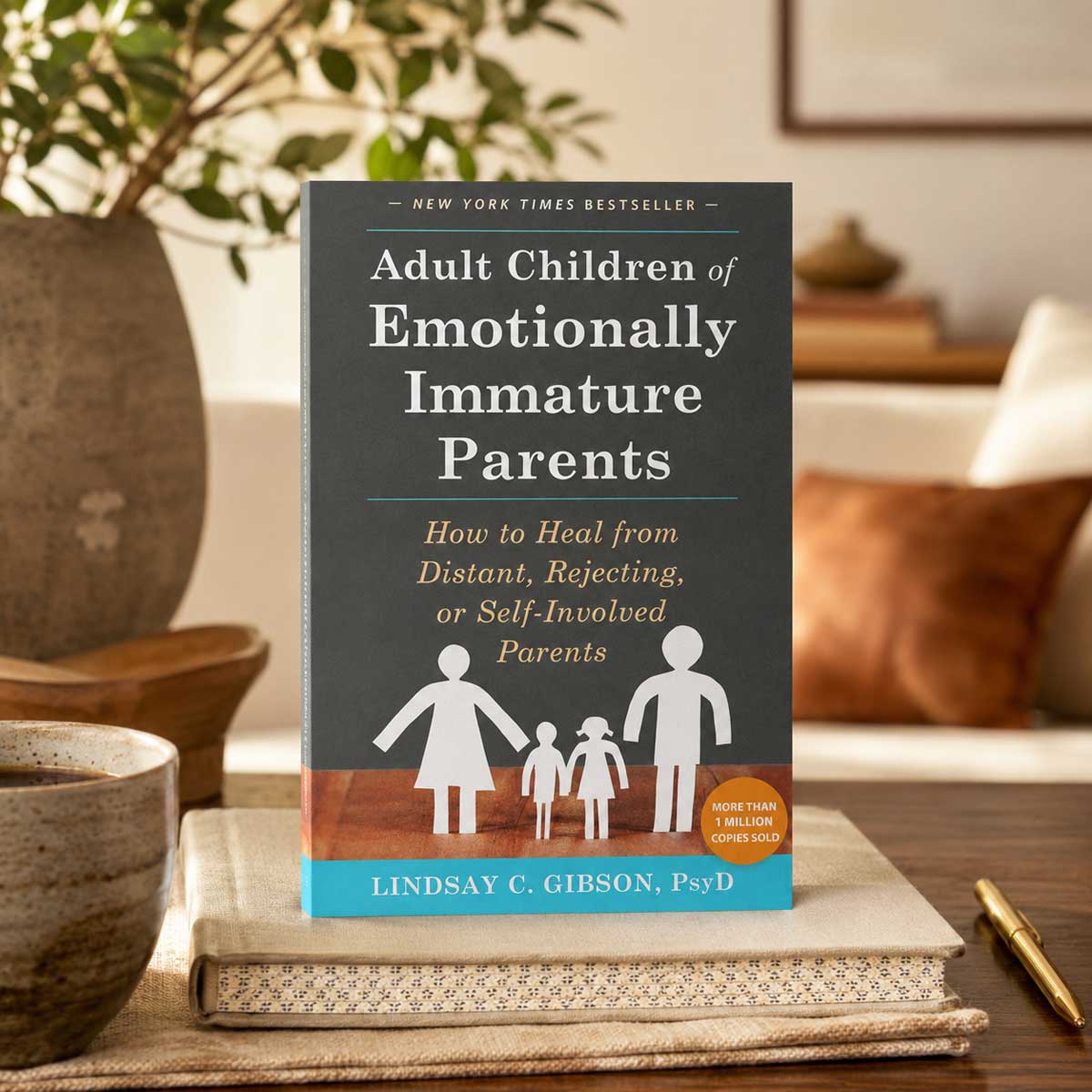 Adult Children of Emotionally Immature Parents book displayed on a wooden table in a warm living room setting with soft natural light.