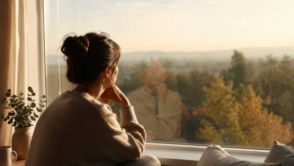 A person sitting by a window in warm natural light, quietly reflecting while looking out over a peaceful landscape with their reflection visible in the glass.