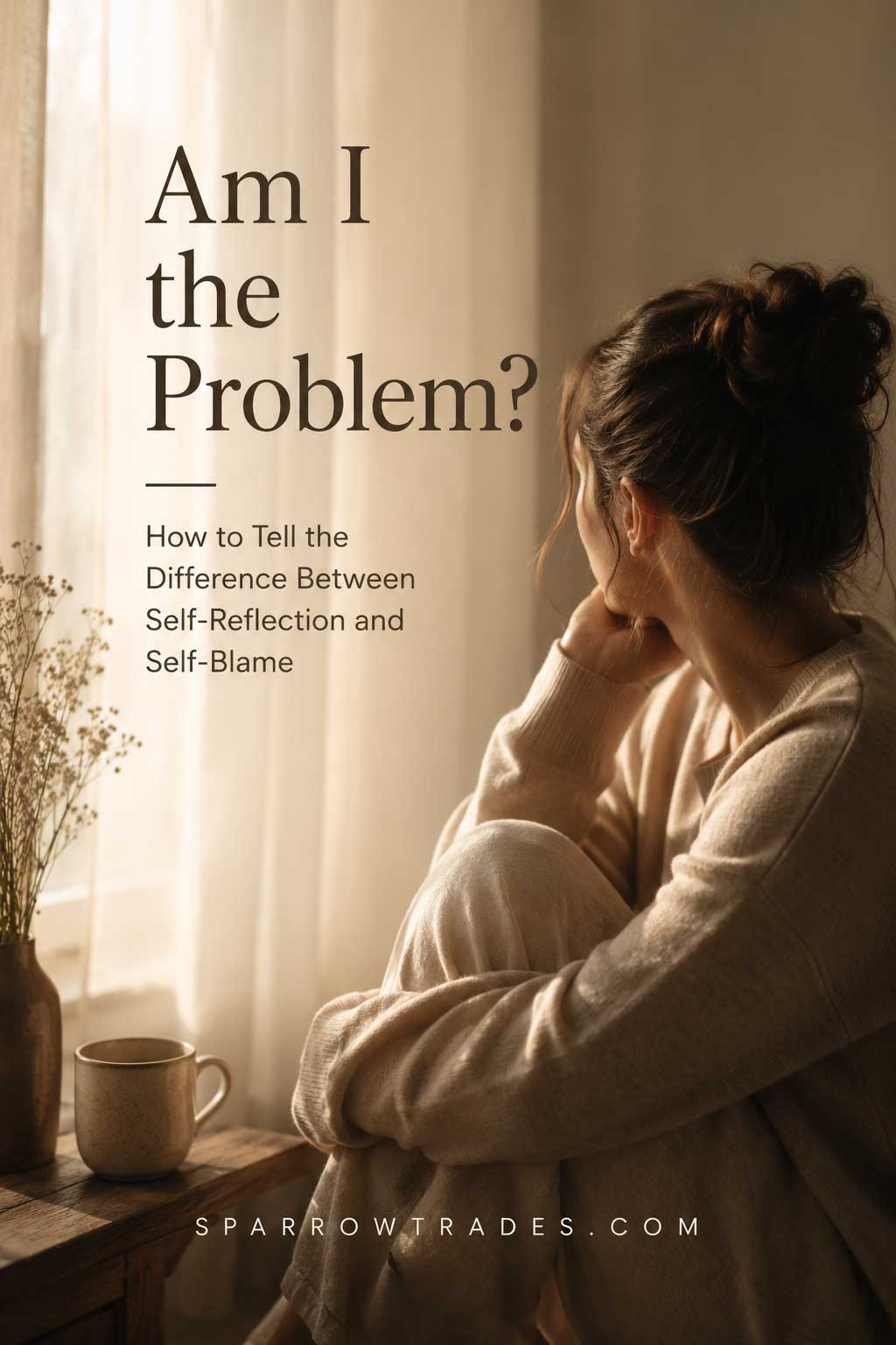 A person sits quietly by a sunlit window in reflection beside the title "Am I the Problem? How to Tell the Difference Between Self-Reflection and Self-Blame."