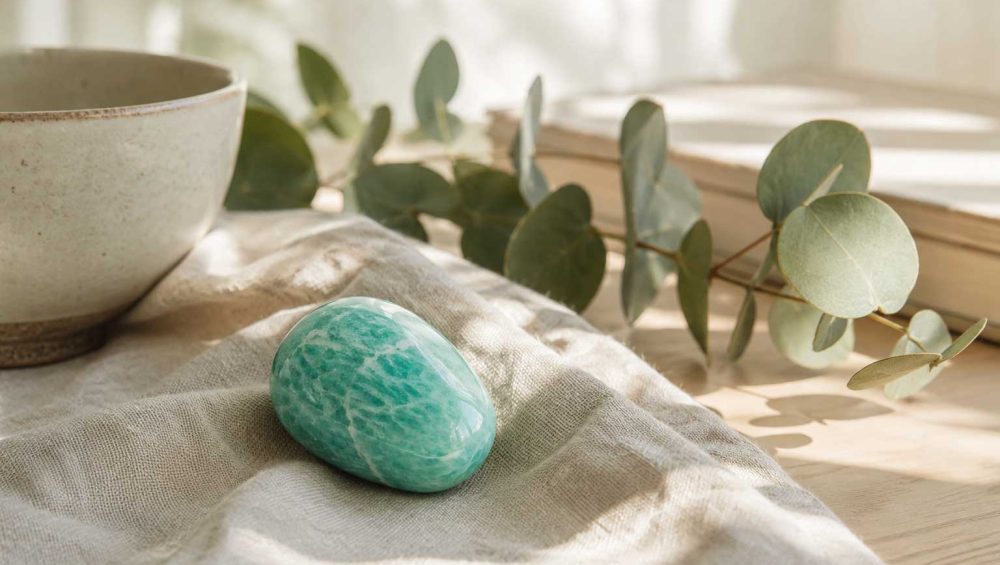 Polished amazonite gemstone resting on natural linen beside a ceramic cup and eucalyptus in soft morning light.