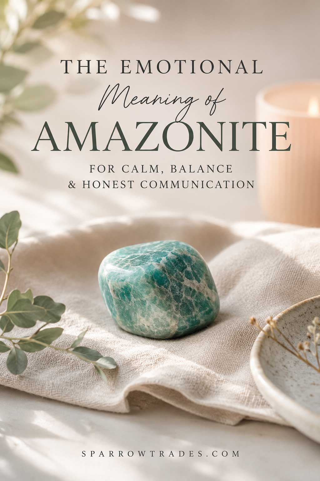 Editorial Pinterest graphic featuring a polished amazonite gemstone on natural linen with the text “The Emotional Meaning of Amazonite for Calm, Balance & Honest Communication.”