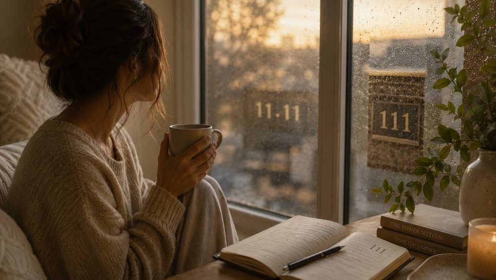 Person sitting by a rain-covered window with a journal and tea, reflecting during a quiet moment of emotional growth and self-discovery.