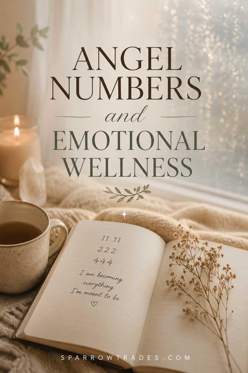 Open journal displaying repeating number sequences beside a cup of tea and candle in a calm, softly lit setting focused on emotional reflection.
