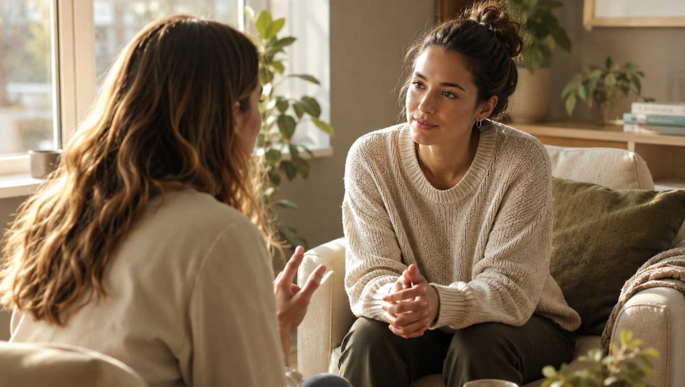 Two people engaged in a calm, attentive conversation in a softly lit living room, illustrating behavioral empathy through active listening and compassionate presence.
