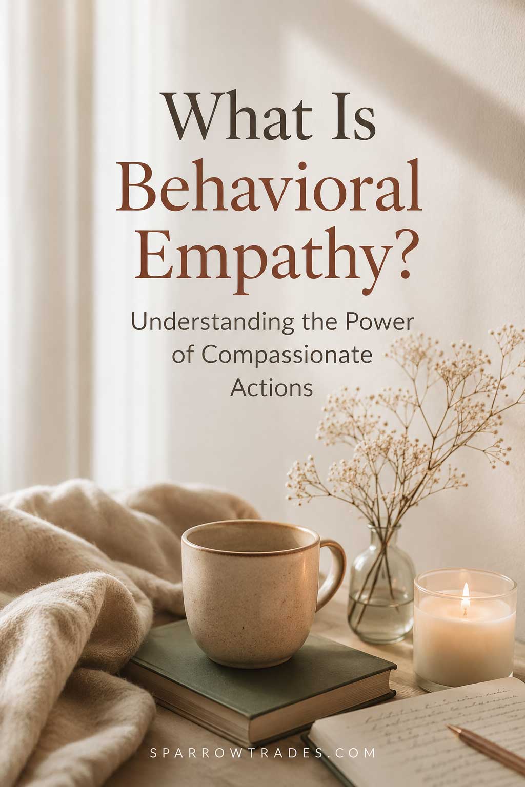 Soft editorial-style Pinterest graphic with the headline "What Is Behavioral Empathy?" above a calm indoor scene featuring a mug, book, candle, and dried flowers in warm natural light.