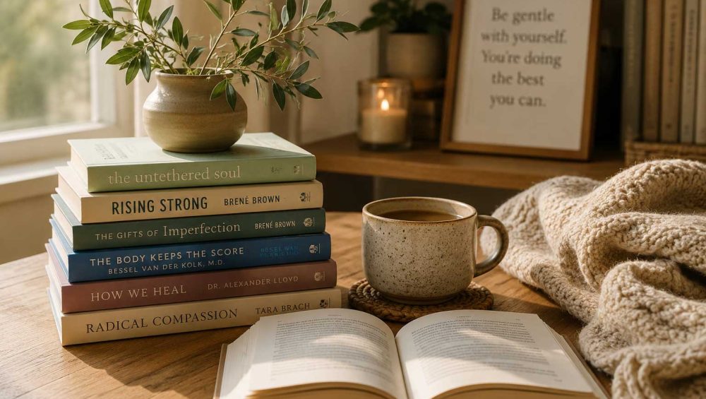 A stack of emotional wellness books beside an open book, ceramic mug, and greenery in a softly lit reading space.