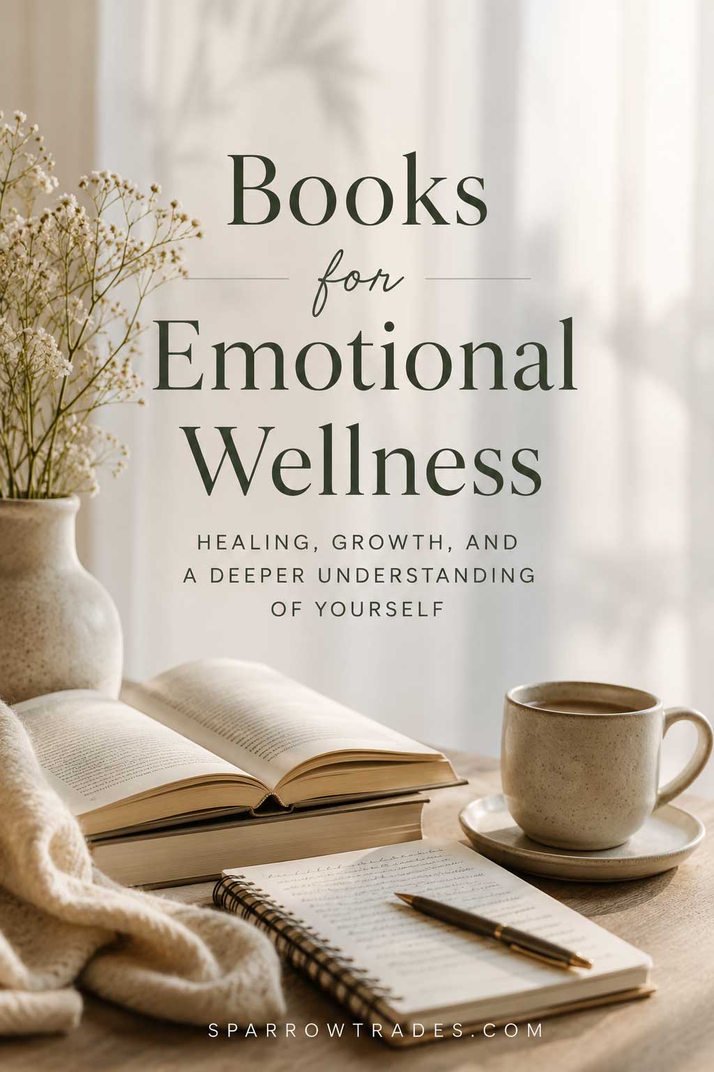 Open books, a journal, and a warm cup beside the title “Books for Emotional Wellness” in a calm editorial wellness setting.