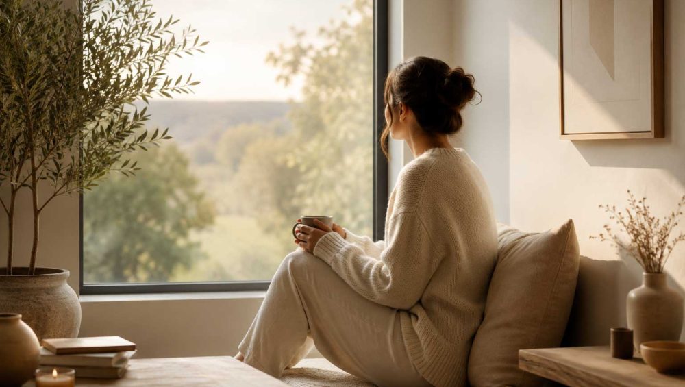 Person sitting quietly beside a large window in soft natural light, reflecting in a calm and peaceful indoor space