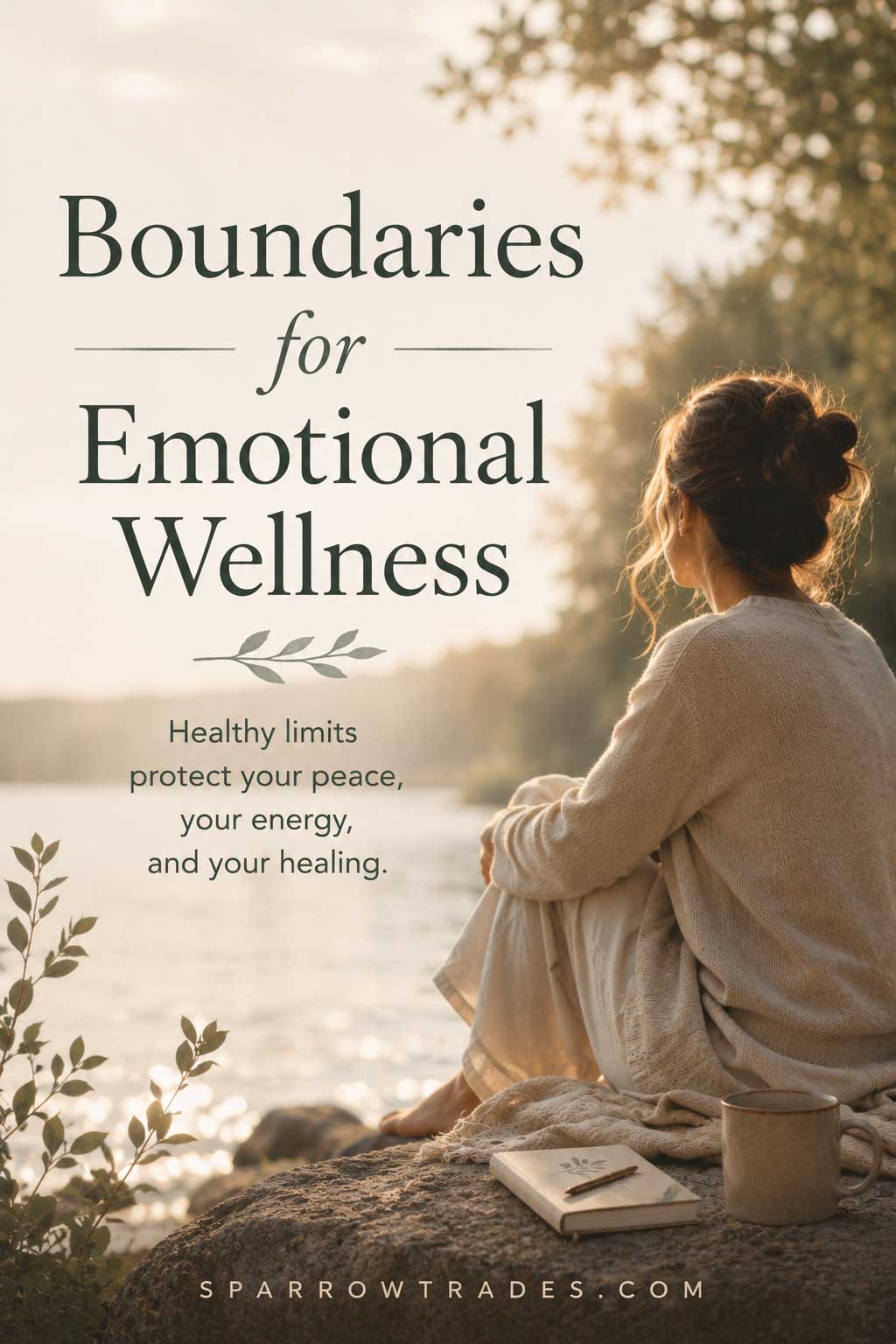 Person sitting beside a calm river at sunset, reflecting quietly in a peaceful natural setting with text about boundaries for emotional wellness