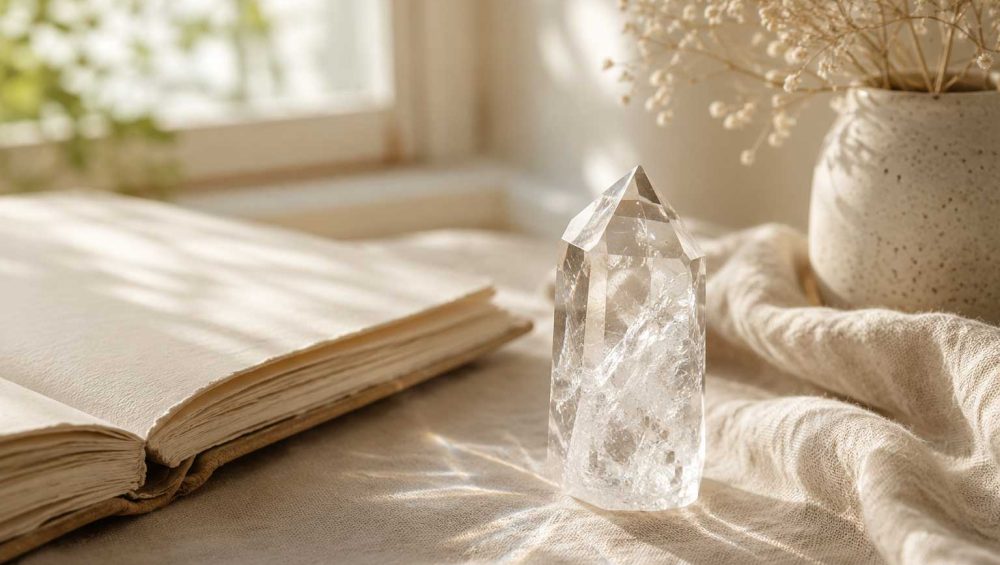 Clear quartz crystal resting on soft linen beside an open journal in warm natural light.