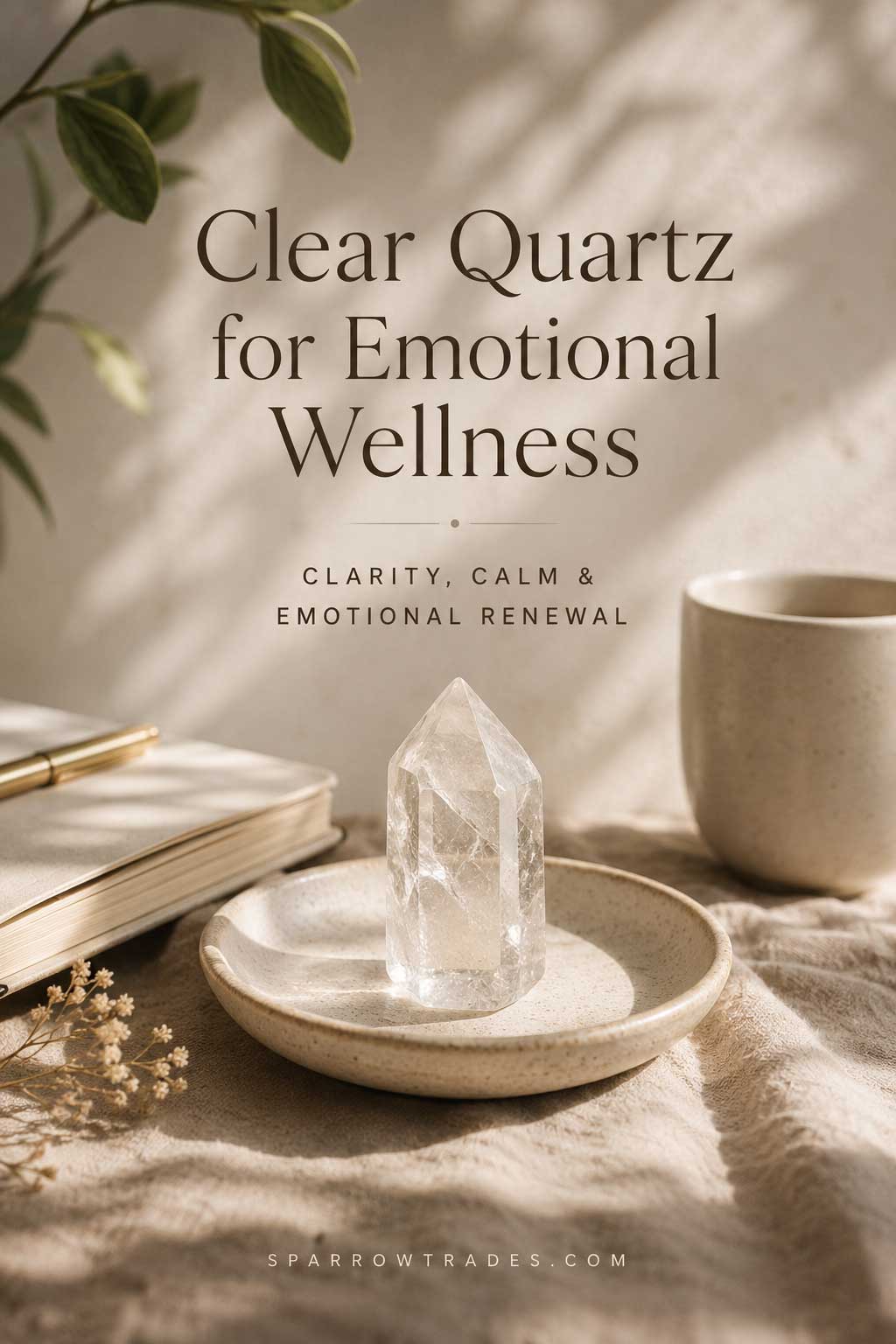 Clear quartz crystal on a ceramic dish beside a journal and cup in soft natural light with the text "Clear Quartz for Emotional Wellness."