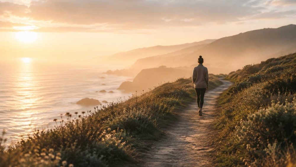 A person walking alone along a coastal path at sunrise with soft golden light over the ocean and surrounding hills.