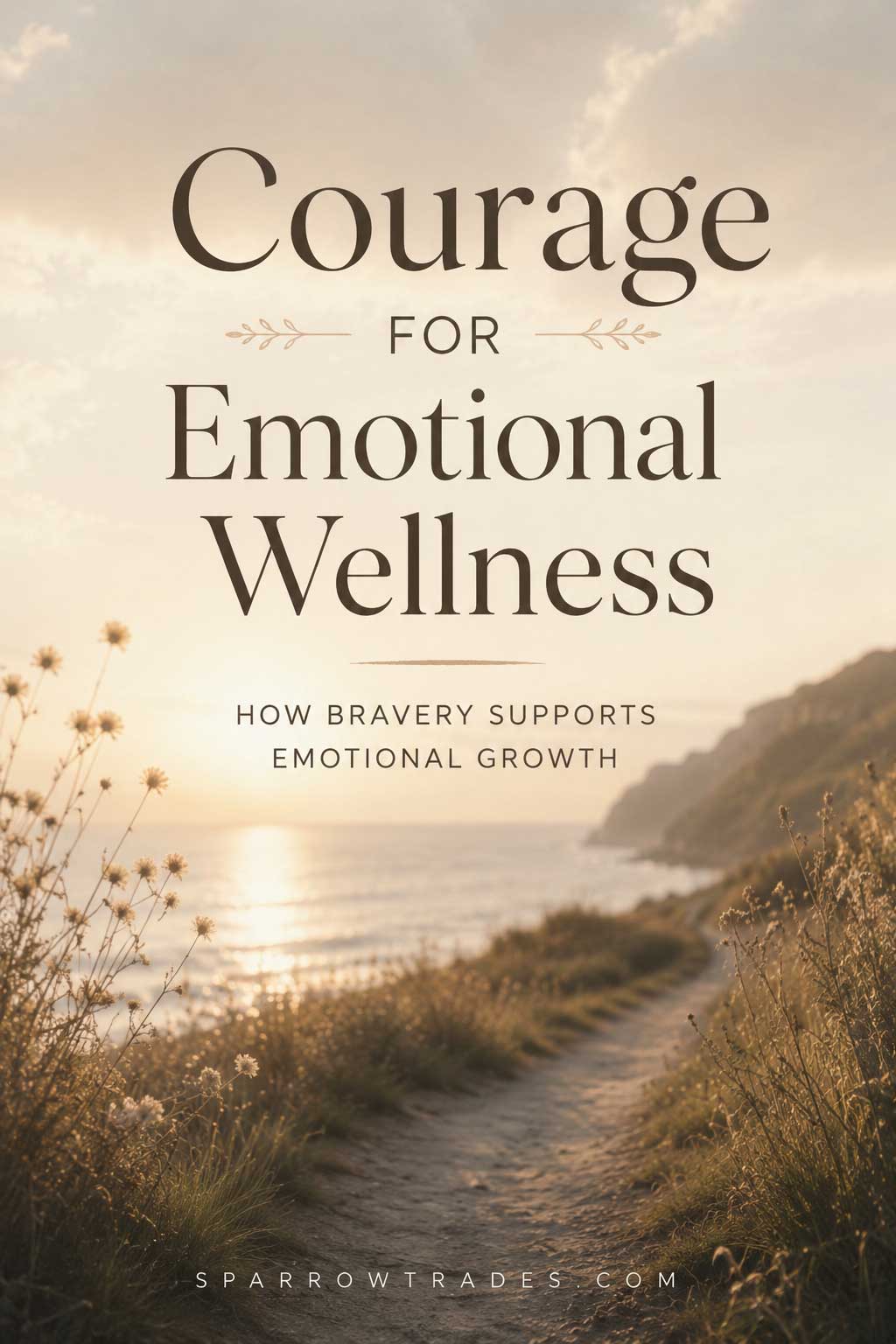 A coastal walking path at sunrise with wildflowers in the foreground and text about courage for emotional wellness.