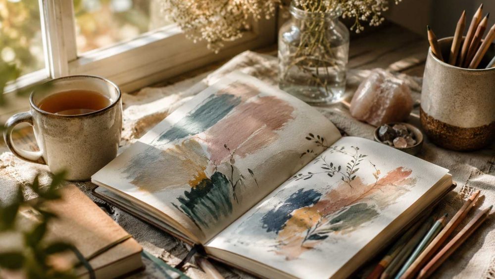 Open sketchbook with abstract watercolor artwork beside a cup of tea and colored pencils in a sunlit creative workspace