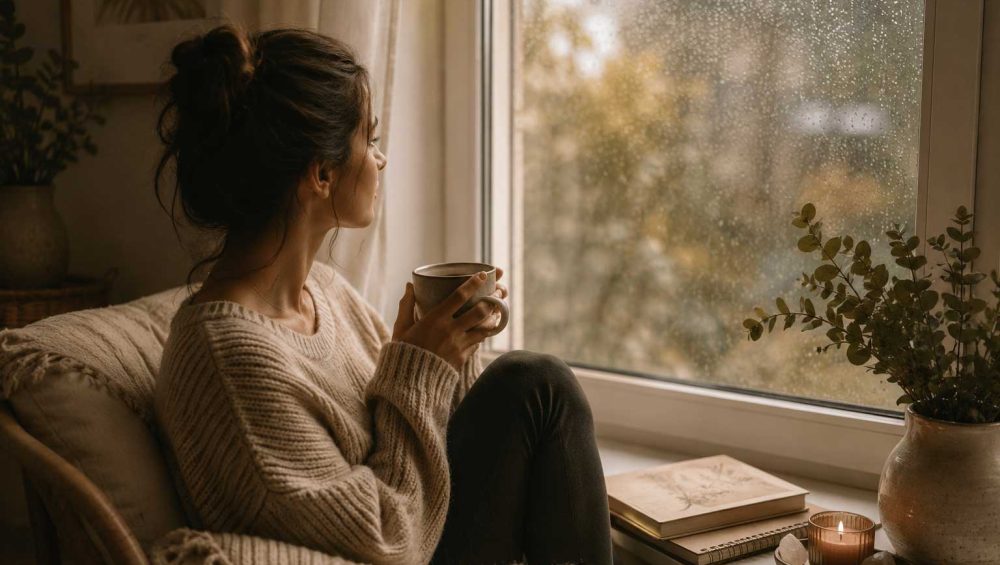 Person sitting by a rain-covered window holding a warm drink in a calm indoor setting with soft natural light and reflective atmosphere.
