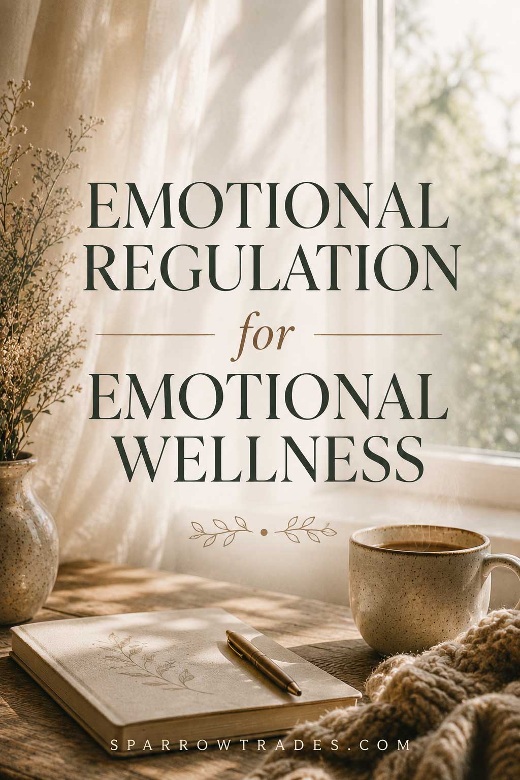 Softly lit journal, coffee mug, and dried flowers beside a window with text reading emotional regulation for emotional wellness.